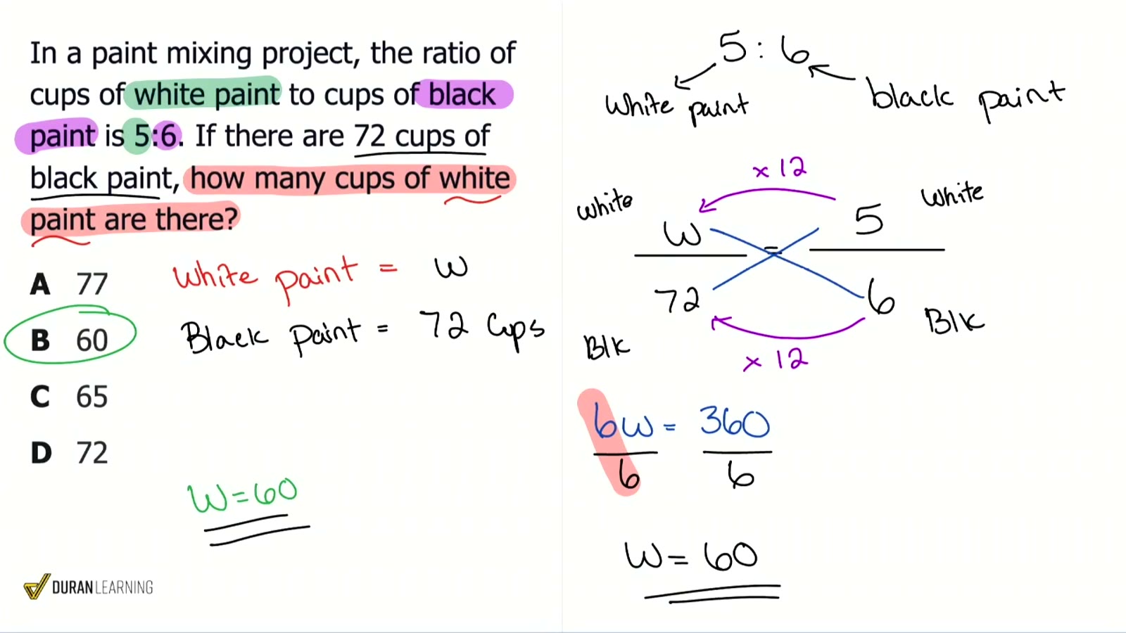 Coach Anderson's board in a live class: the problem set up, worked by hand, and the answer circled